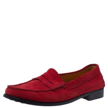 Pre Owned Tod’s Red Suede Leather Penny Slip On Loafers Size 41.5