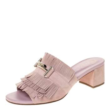 Pre Owned Tod's Powder Pink Suede Double-T Fringe Slide Mules Size 38.5