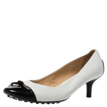 Pre Owned Tod's White Leather And Black Patent Cap Toe Bow Pumps Size 39.5