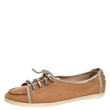Pre Owned Tod's Brown/Gold Leather Lace Up Sneakers Size 38