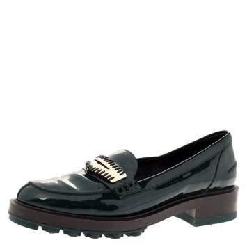 Pre Owned Tod's Green Patent Leather Whip Stitch Detail Platform Penny Loafers Size 36.5