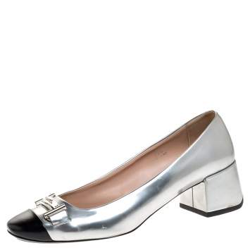 Pre Owned Tod's Silver/Black Foil Leather And Leather Cap Toe Block Heel Pumps Size 39.5