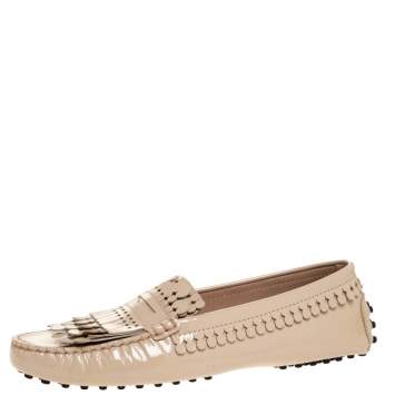 Pre Owned Tod's Beige Patent Leather Laser Cut Fringe Slip On Loafer Size 37.5