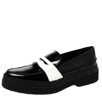 Pre Owned Tod's Black/White Leather And Patent Platform Penny Loafers Size 38