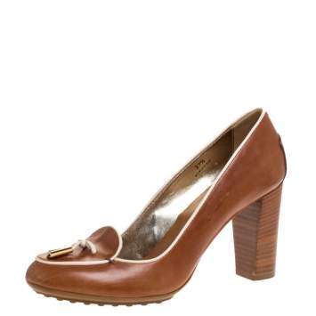 Pre Owned Tod's Brown Leather Block Heel Loafer Pumps Size 37.5