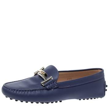 Pre Owned Tod's Blue Leather Double T Loafers Size 35.5