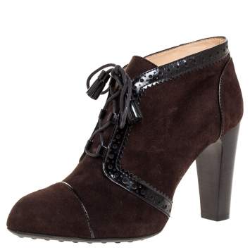 Pre Owned Tod's Brown Suede Leather Lace Up Ankle Booties Size 37