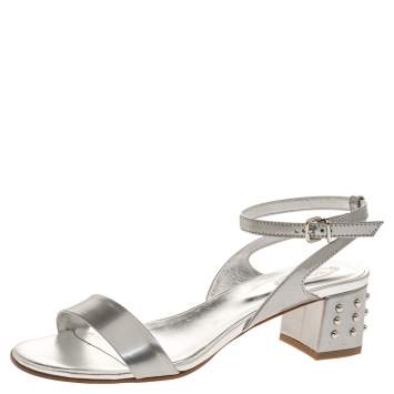 Pre Owned Tod's Silver Patent Leather Studded Block Heel Sandals Size 37.5