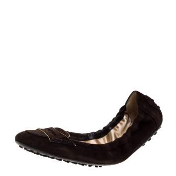 Pre Owned Tod's Dark Brown Suede Penny Loafer Scrunch Flats Size 41