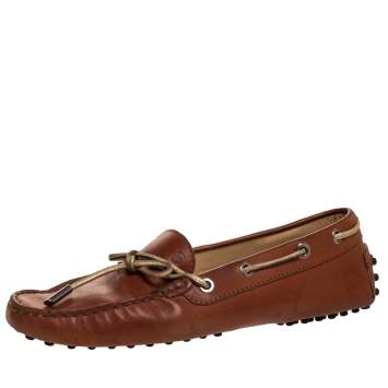 Pre Owned Tod's Brown Leather Bow Slip On Loafers Size 37.5