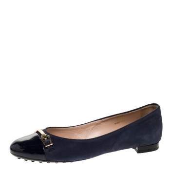 Pre Owned Tod's Navy Blue Suede and Patent Leather Cap Toe Buckle Ballet Flats Size 36.5