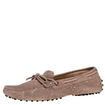 Pre Owned Tod's Pink Suede And Silver Paint Spot Bow Loafers Size 37.5
