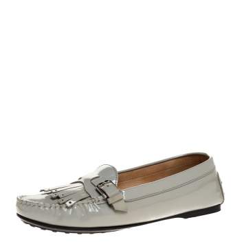 Pre Owned Tod's Grey Patent Leather Buckle Detail Fringe Loafers Size 39