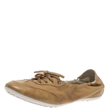 Pre Owned Tod's Tan Leather Lace Up Scrunch Low Top Sneakers Size 39