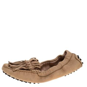 Pre Owned Tod's Beige Suede Fringe Detail Scrunch Loafers Size 37