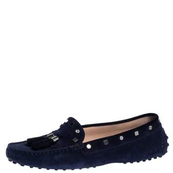 Pre Owned Tod's Navy Blue Suede Studded Loafers Size 37.5
