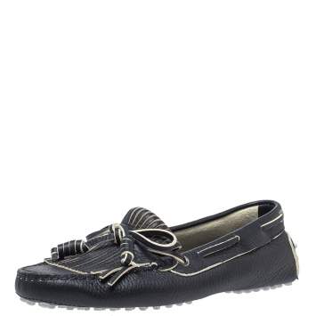 Pre Owned Tod's Blue Leather Bow Fringe Detail Slip On Loafers Size 36