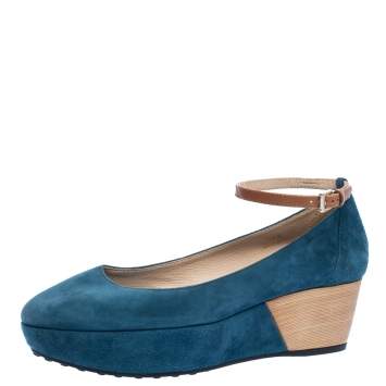 Pre Owned Tod's Blue Suede Ankle Strap Platform Wedge Pumps Size 38.5