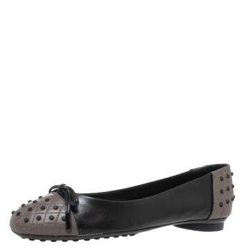 Pre Owned Tod's Black/Grey Leather Dew Ballet Flats Size 38