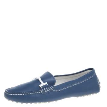 Pre Owned Tod's Blue Leather Double T Slip On Loafers Size 41.5