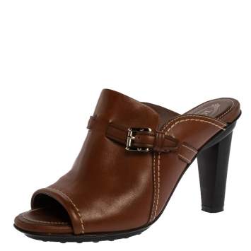 Pre Owned Tod's Brown Leather Open Toe Buckle Detail Mule Sandals Size 36.5