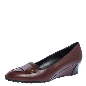 Pre Owned Tod's Brown Leather Wedge Pumps Size 39