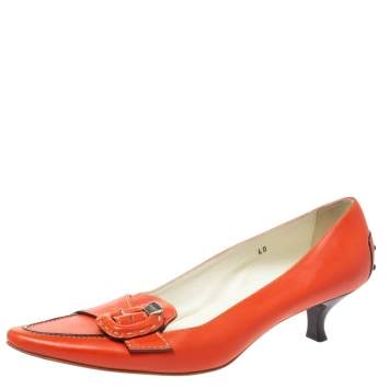 Pre Owned Tod's Orange Leather Buckle Detail Pointed Toe Loafer Pumps Size 40