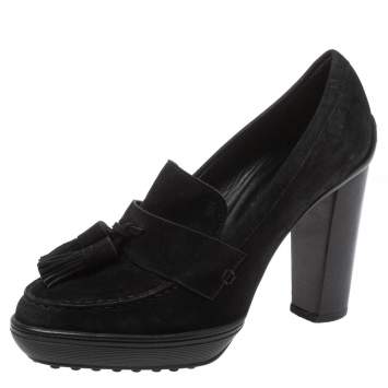 Pre Owned Tod's Black Suede Tassel Embellished Platform Loafer Pumps Size 38