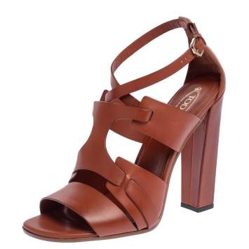 Pre Owned Tod's Brown Leather Ankle Strap Block Heel Sandals Size 40