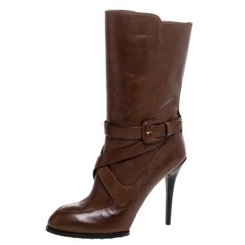 Pre Owned Tod's Brown Leather Criss Cros Strap Detail Mid Length Boots Size 40