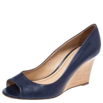 Pre Owned Tod's Blue Leather Peep Toe Wedge Pumps Size 39.5