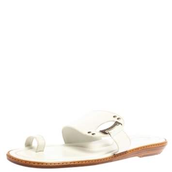Pre Owned Tod's White Leather Logo Embellished Toe Ring Flat Sandals Size 41