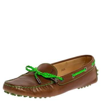 Pre Owned Tod's Brown/Green Leather Braided Bow Loafers Size 36.5