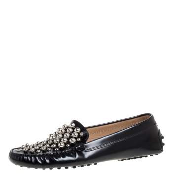 Pre Owned Tod's Black Leather Embellished Driving Slip On Loafers Size 37