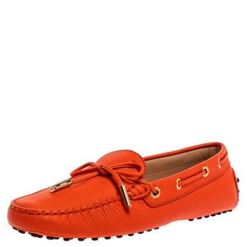 Pre Owned Tod's Orange Leather Gommino Bow Loafers Size 37.5