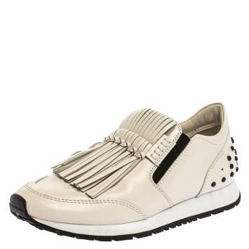 Pre Owned Tod's White Leather Fringe Detail Low Top Sneakers Size 37