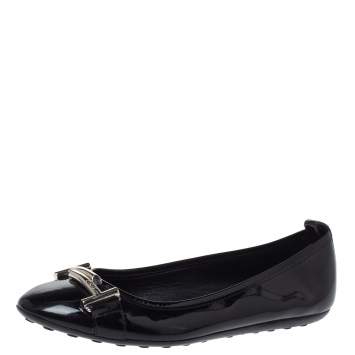 Pre Owned Tod's Black Patent Leather Double T Ballet Flats Size 36