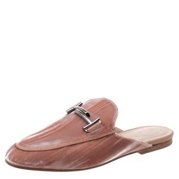 Pre Owned Tod's Pink Velvet Double T Mules Size 38