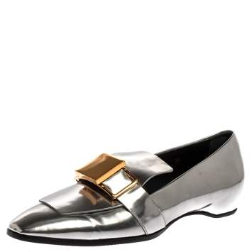 Pre Owned Tod's Metallic Silver Leather Slip On Loafers Size 38