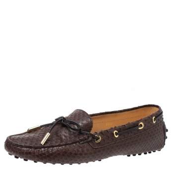 مملوكة مسبقًا Tod's Brown Python Leather Bow Slip On Loafers Size 38.5