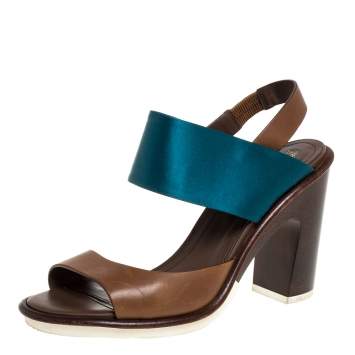 Pre Owned Tod's Brown/Green Leather And Satin Slingback Block Heel Sandals Size 38