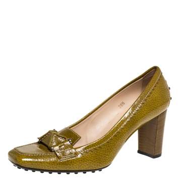 Pre Owned Tod's Yellow/Green Patent Leather Square Toe Loafer Pumps Size 39.5