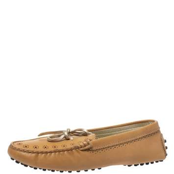 Pre Owned Tod's Tan Perforated Leather Bow Loafers Size 37.5