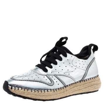Pre Owned Tod's Metallic Silver Perforated Leather Espadrille Low Top Sneakers Size 39