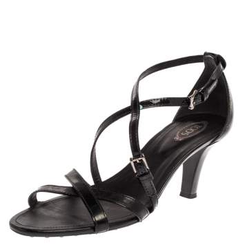 Pre Owned Tod's Black Patent Leather Ankle Strap Sandals Size 41