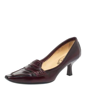 Pre Owned  Tod's Burgundy Leather Pointed Toe Penny Loafer Pumps Size 36