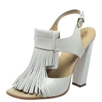 Pre Owned Tod's Grey Leather Fringe Detail Ankle Strap Sandals Size 38 