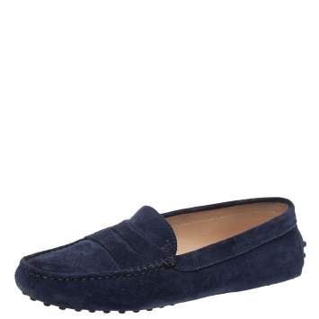 Pre Owned Tod's Blue Suede Leather Penny Slip On Loafers Size 37
