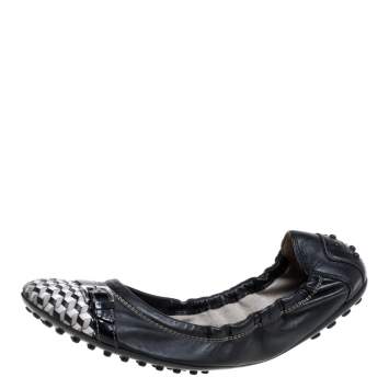 Pre Owned Tod's Black Leather Cap Toe Buckle Detail Scrunch Ballet Flats Size 38