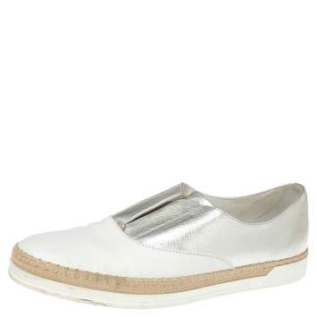 Pre Owned Tod's Metallic Silver and White Leather Francesina Espadrille Slip On Sneakers Size 39